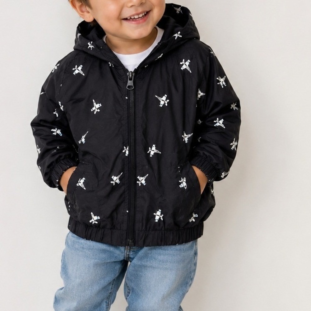 Miles The Label Black Airplane Waterproof Hooded Windbreaker Jacket 2Y EUC
